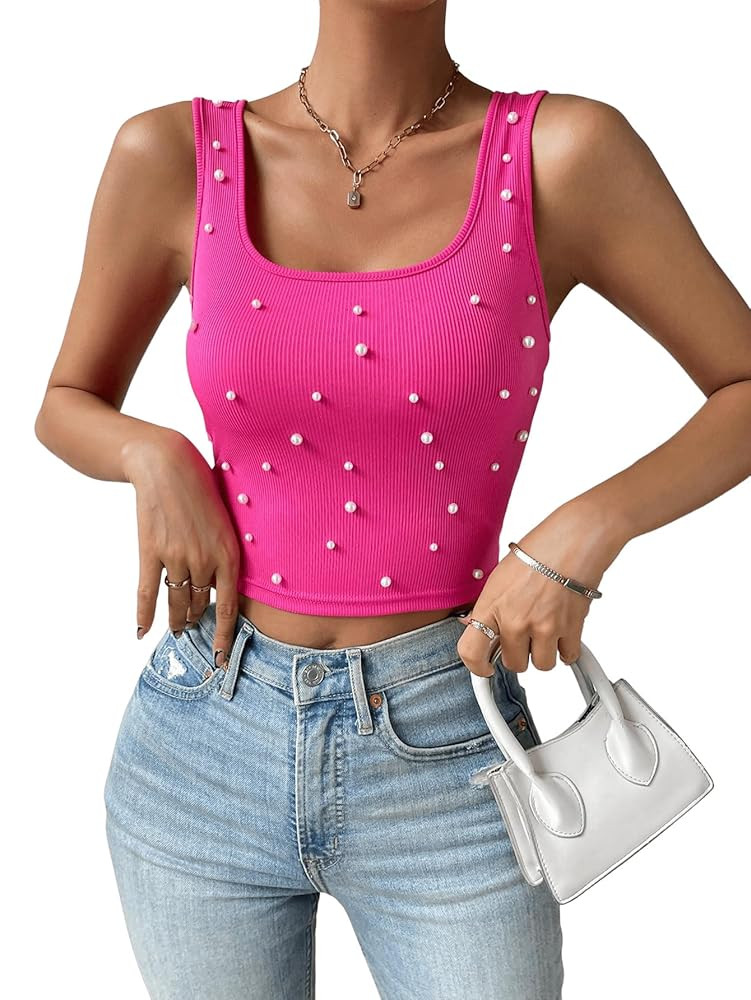 Floerns Women's Sleeveless Pearl Beaded Scoop Neck Rib Knit Crop Tank Top | Amazon (US)