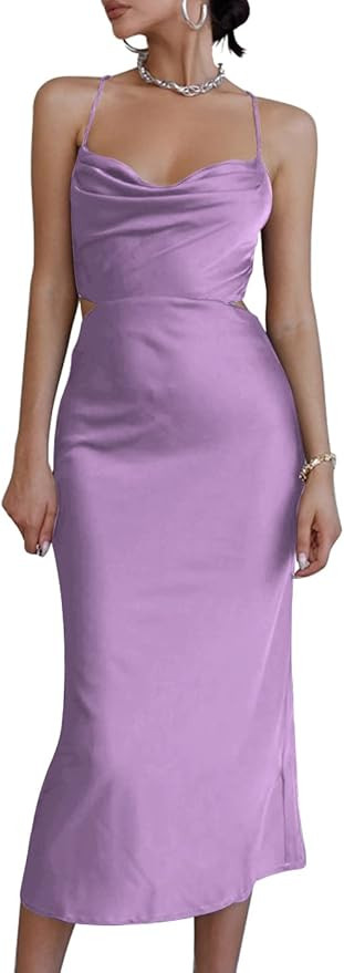 LYANER Women's Satin Cowl Neck Straps Slip Sexy Cut Out Cocktail Midi Dress | Amazon (US)