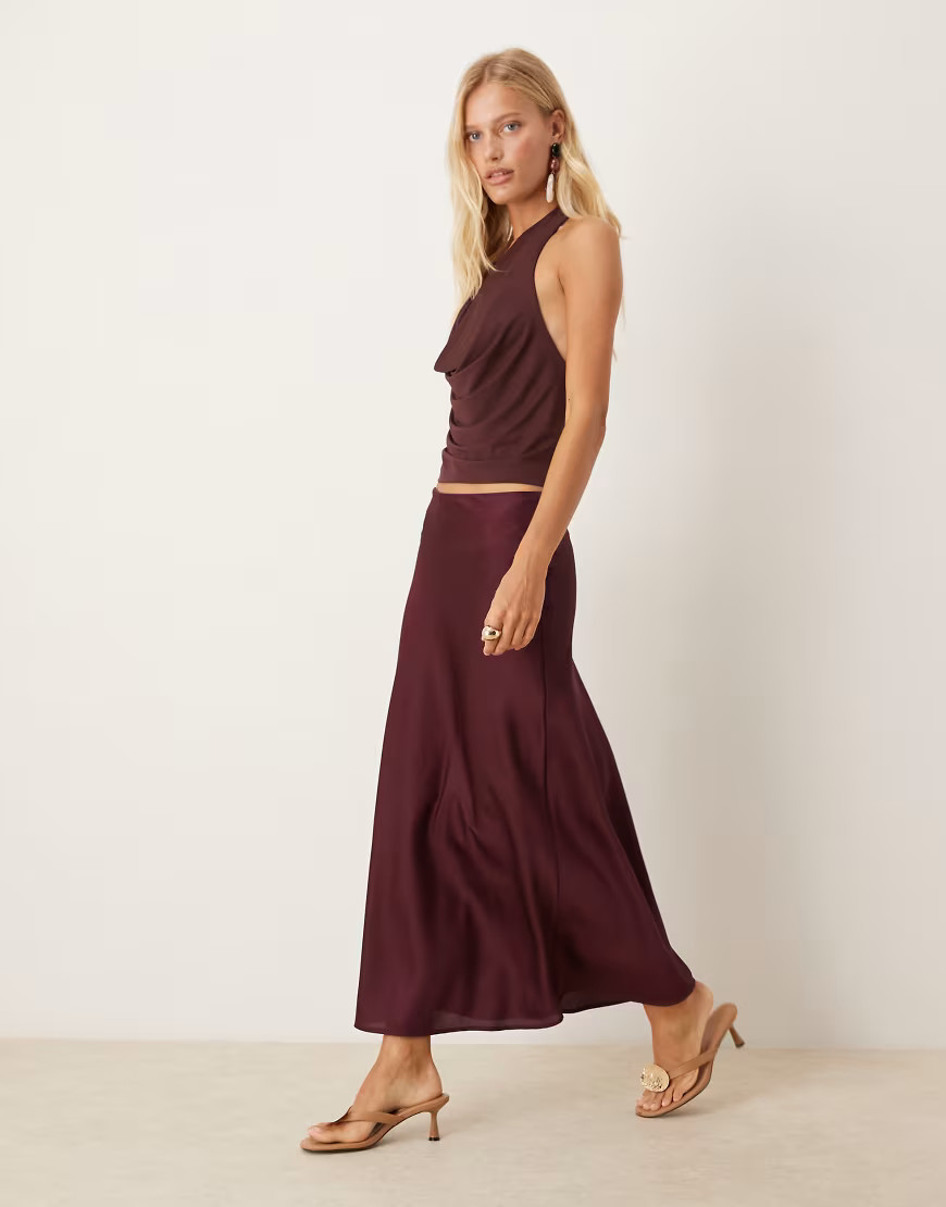 VILA satin maxi skirt in burgundy-Red | ASOS (Global)