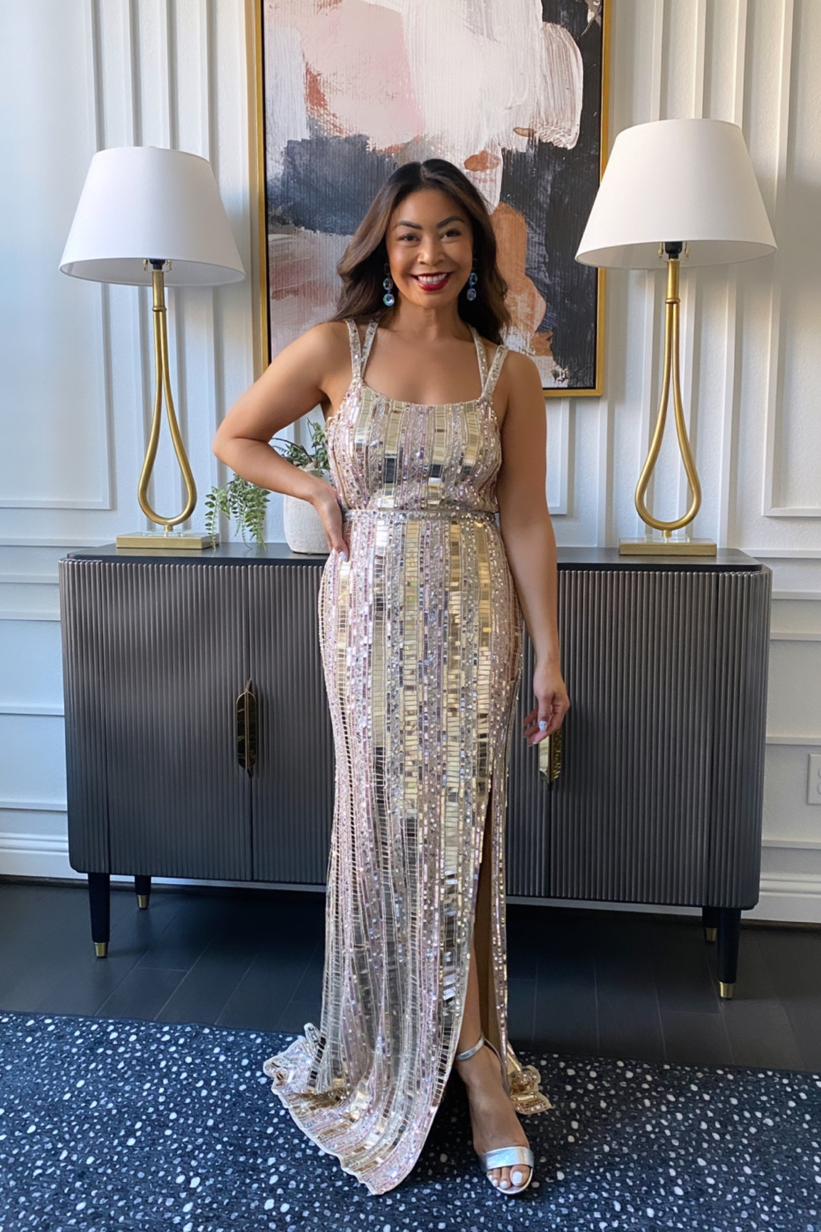 Kind of obsessed with this gold and silver embellished gown from Mac Duggal 
Wearing a 4 

#LTKwedding #LTKHoliday #LTKparties