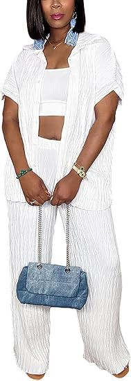 Casual Two Piece Set for Women - Button Down Shirt and Wide Leg Pants Matching Set Tracksuits | Amazon (US)