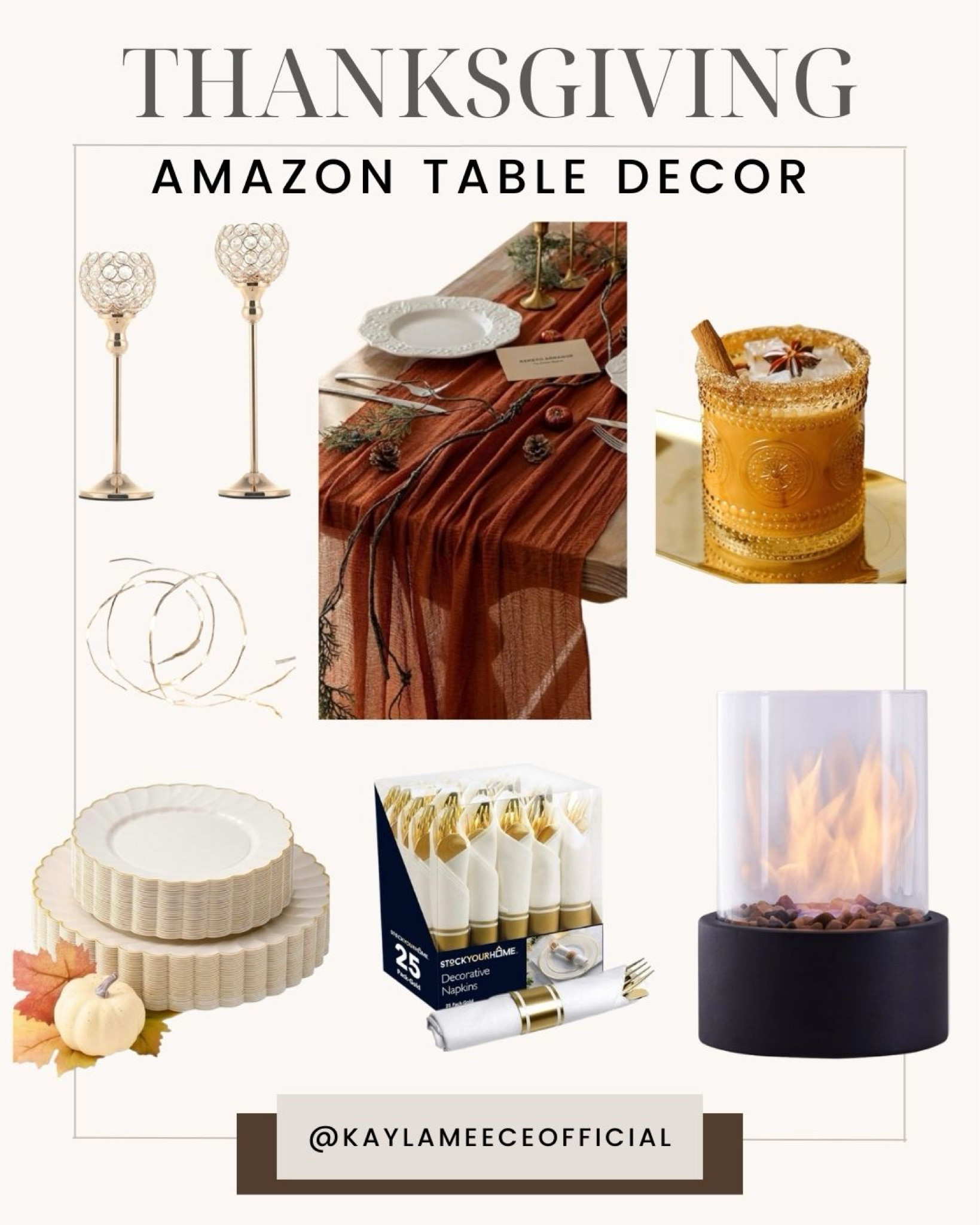 Thanksgiving Table Decor 

#thanksgivingtabledecor #thanksgivingplateware #thanksgivingtablerunner #tablefairylights #fairylights #thanksgivingdrinkware #prettydrinkware #glamcandleholder #candleholder #thanksgivingcandleholders #indoortabletopfireplace #tabletopfirepit #thanksgivingambiance #holidaytabledecor #tablecenterpiece 

#LTKCyberWeek #LTKGiftGuide #LTKHoliday