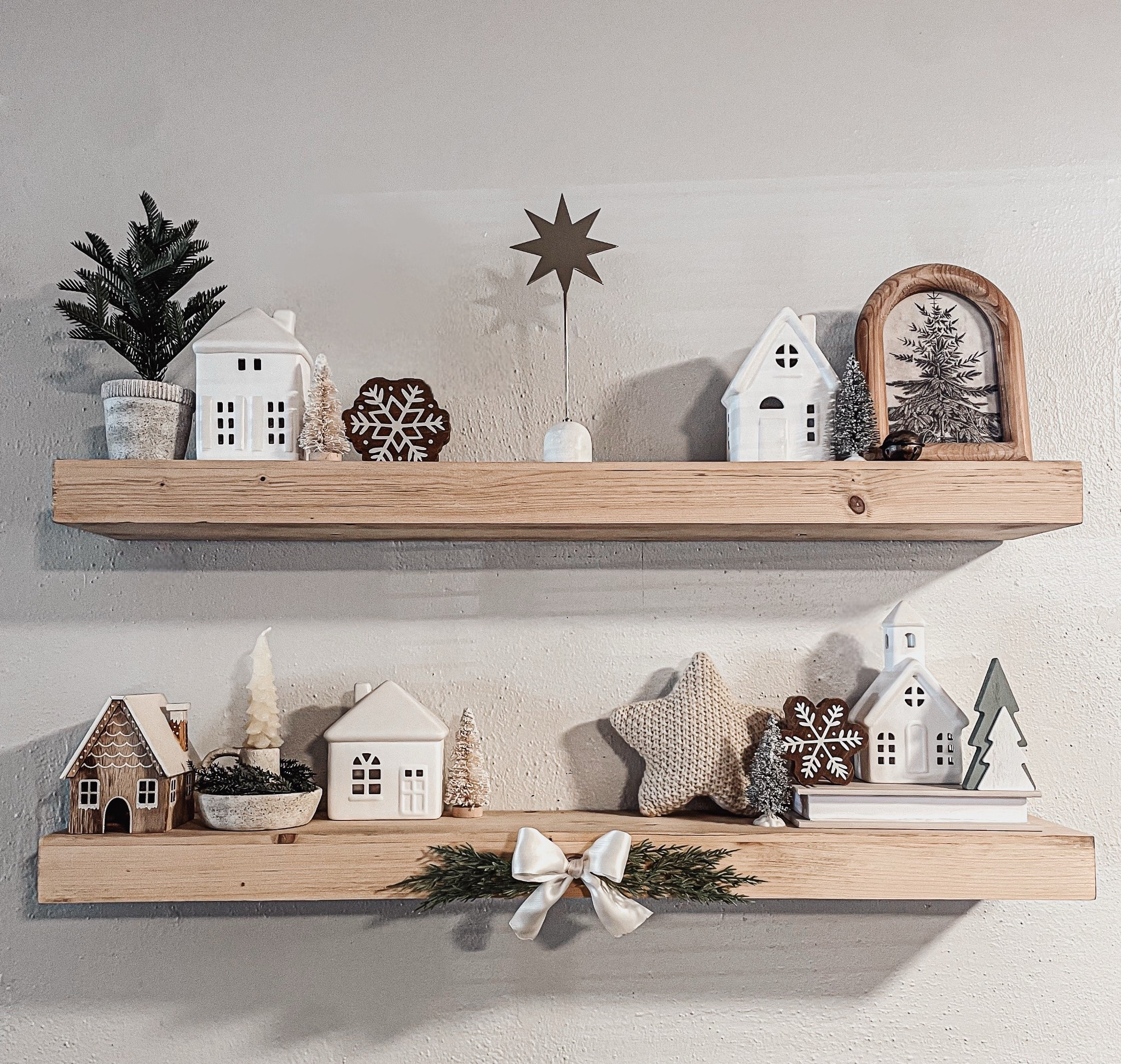 My Christmas/Winter 2025 floating shelves🤎🌲✨

When styling these shelves, I was inspired by the Scandinavian/boho Christmas style with warm woods, whites, moody greens, and browns. I just love how they turned out🤍