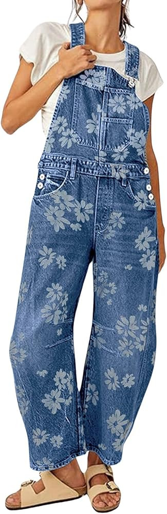 loveimgs Women Floral Print Denim Overalls Baggy Barrel Jeans Patchwork Denim Pants Y2k Straps Wi... | Amazon (US)
