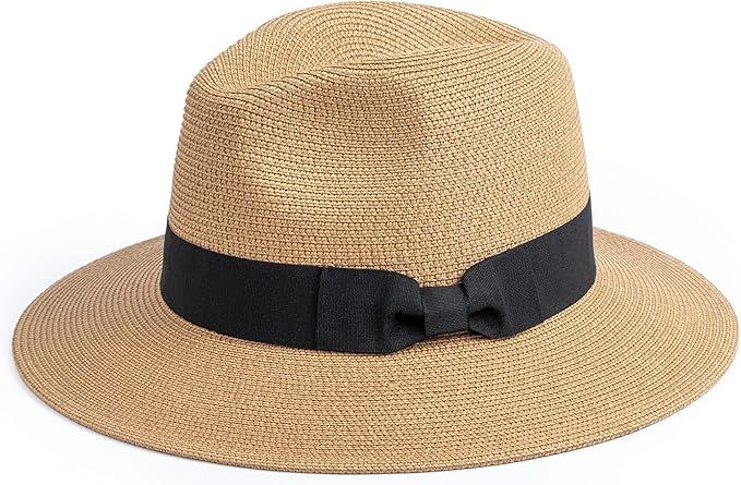 DRESHOW Women Straw Panama Hat Fedora Beach Sun Hat Wide Brim Straw Roll up Hat UPF 50+ | Amazon (US)
