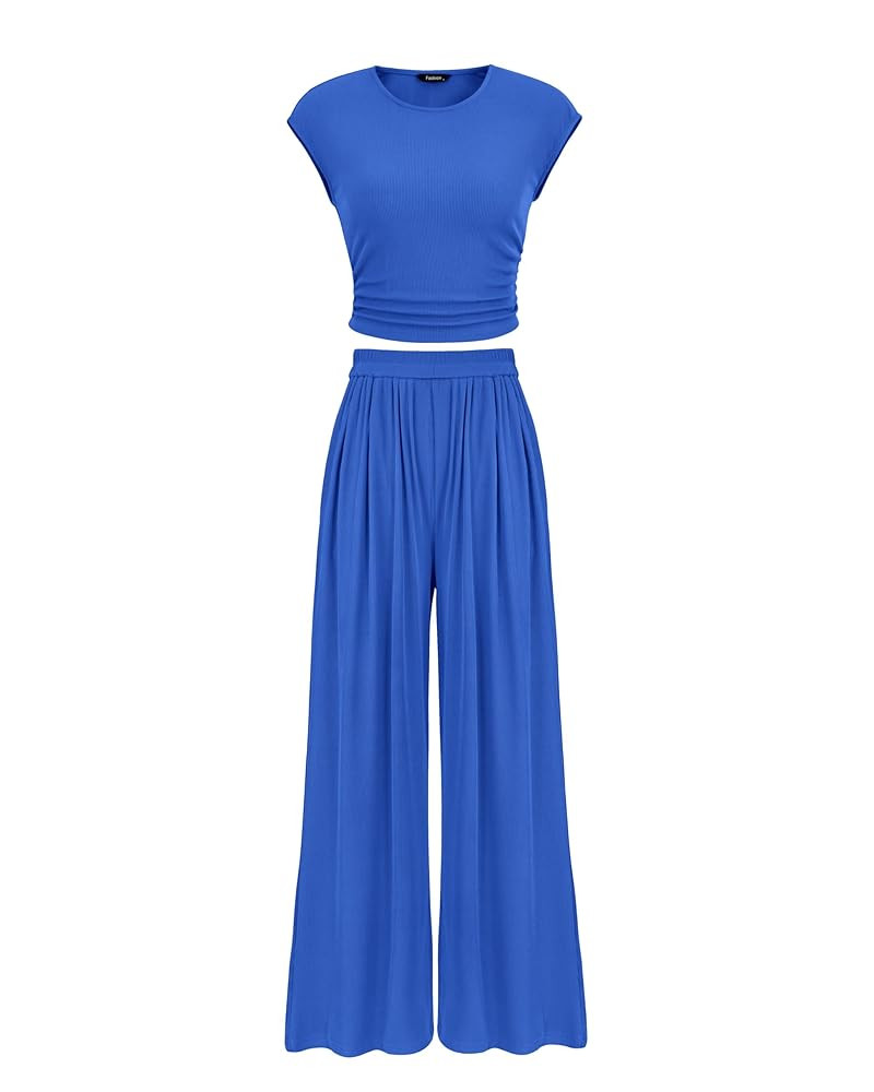 PRETTYGARDEN Women's Summer 2 Piece Outfits 2025 Cap Sleeve Ruched Slim T Shirt Ribbed Knit Wide ... | Amazon (US)