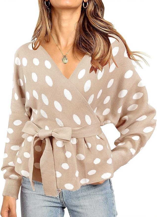 ZESICA Women's Wrap V Neck Long Batwing Sleeve Belted Waist Ruffle Knitted Sweater Pullover Top | Amazon (US)