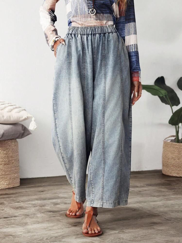 EMERY ROSE Women's Elastic Waist Pocket Wide Leg Loose Casual Versatile Jeans | SHEIN