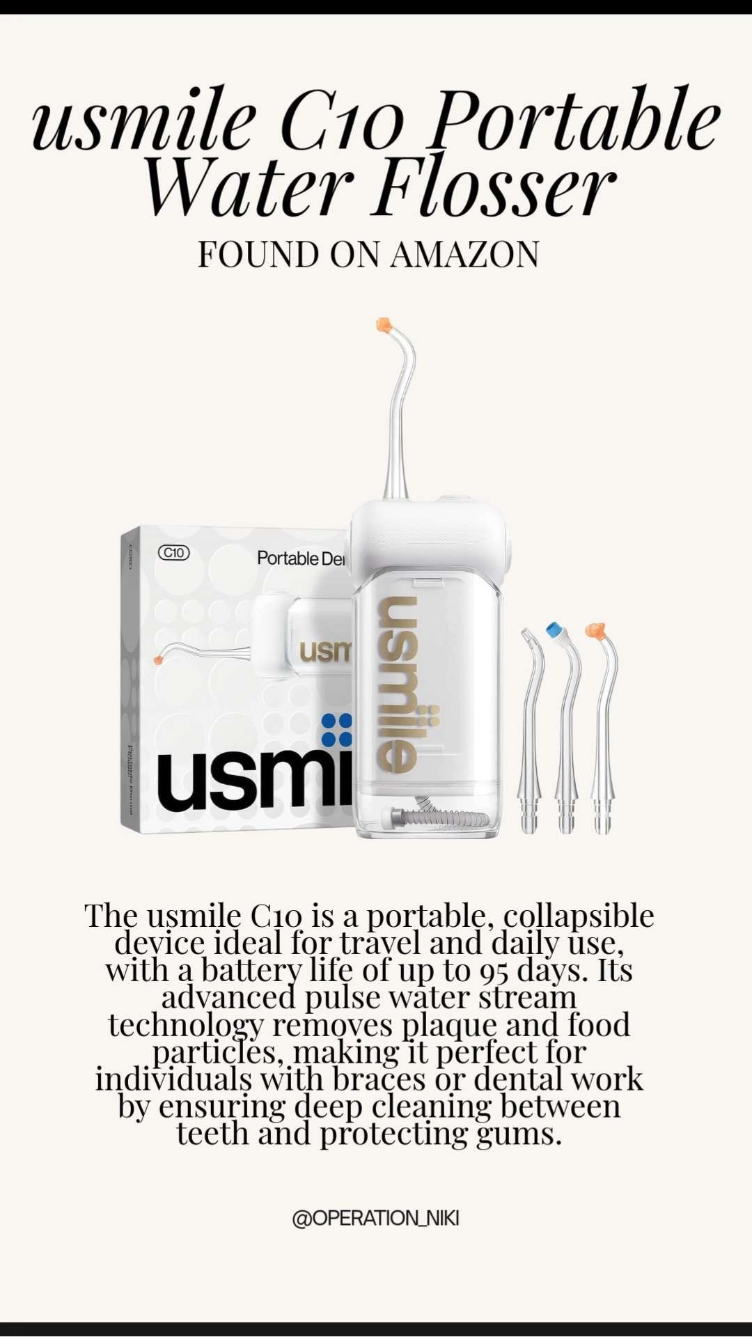 Making oral care easier on the go 💦✨ This portable water flosser from Usmile keeps my smile fresh whether I’m at home or traveling. Gentle, effective, and simple to use for daily maintenance and quick touch-ups.

Follow for more @OPERATION_NIKI on IG, TikTok, & Facebook

#usmile #waterflosser #oralcareessentials #amazonfinds #travelfriendly #dentalcare #healthyroutine #smilecare #everydayessentials #operationniki 

 #LTKselfcare #LTKHome #LTKFindsUnder100
