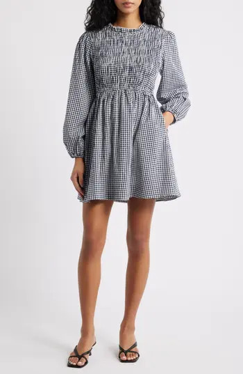 Petal & Pup Jessen Long Sleeve Minidress in Navy Gingham at Nordstrom Rack, Size X-Large | Nordstrom Rack