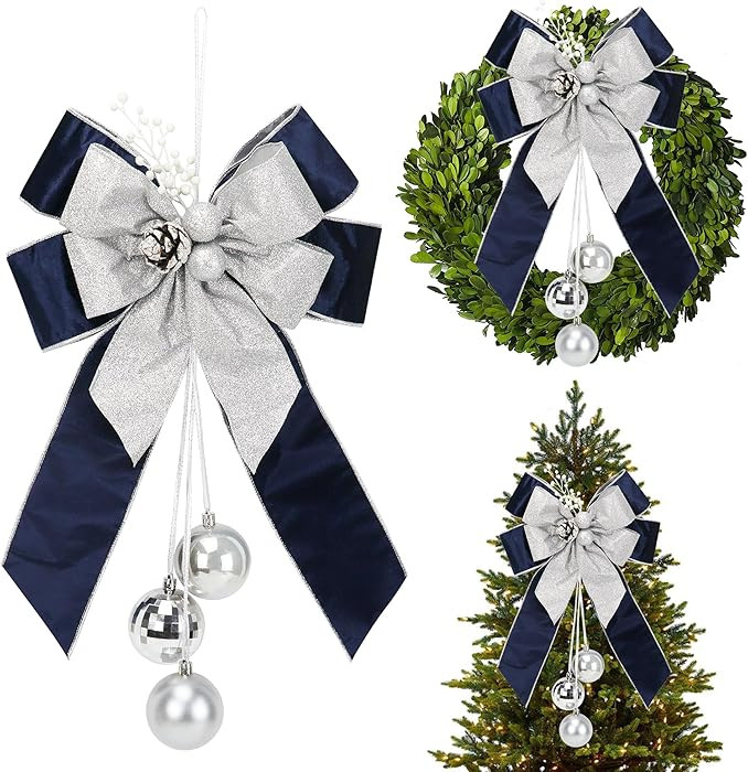 AIMUDI Navy Blue Christmas Tree Topper Bows, 11 x 16 Inches Christmas Bows Silver and Blue Bows f... | Amazon (US)