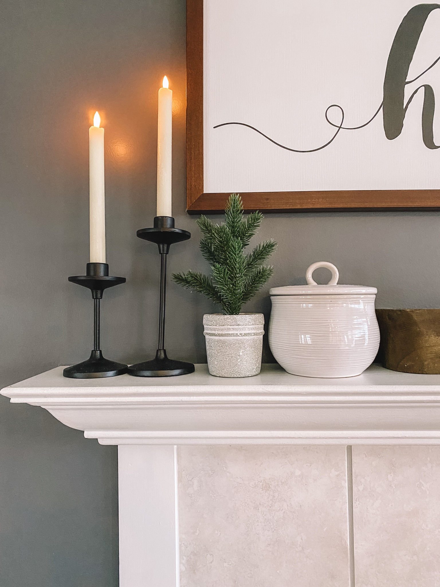 Winter mantle decor. Faux candlesticks 