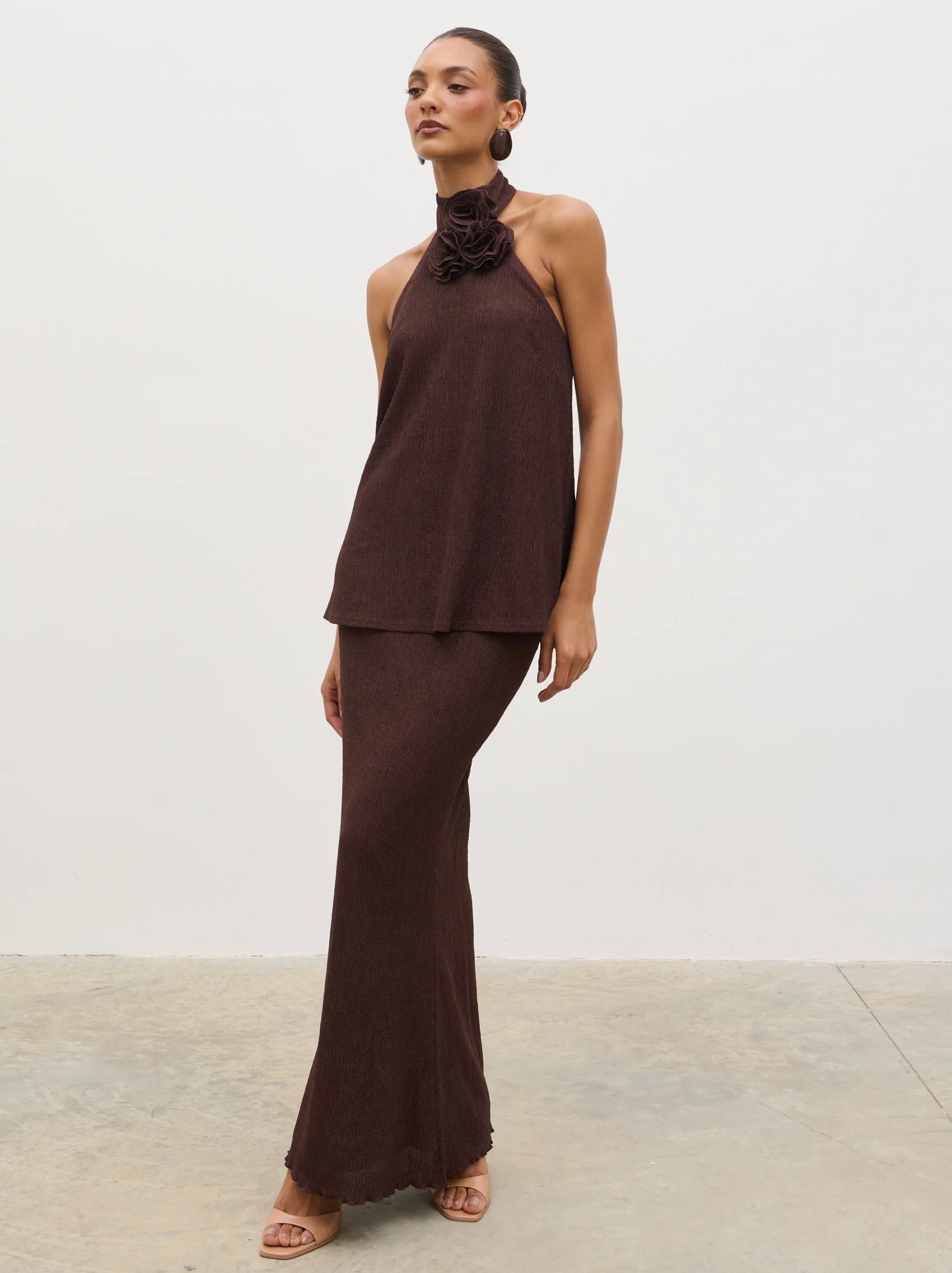 Evalina Crinkle Maxi Skirt - Brown | Pretty Lavish (UK)