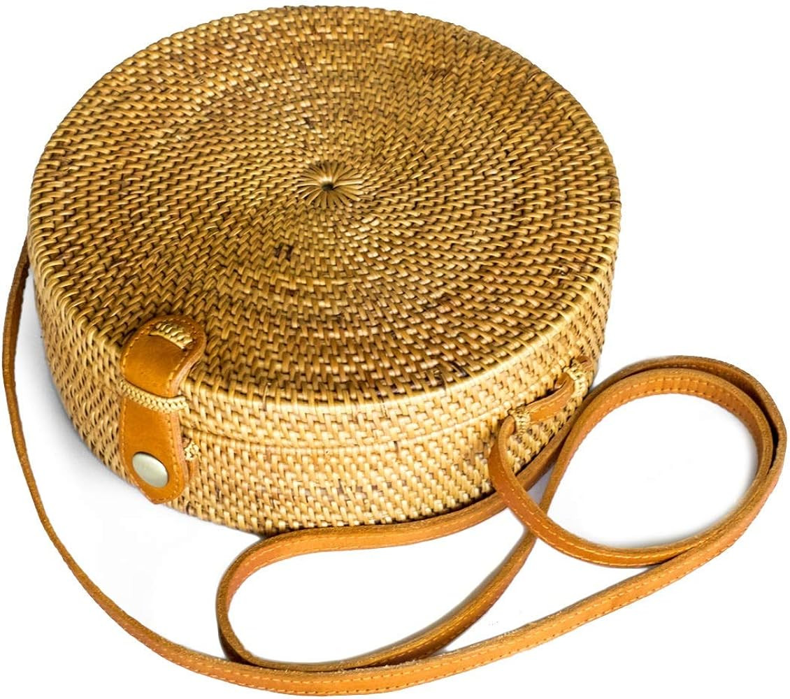Bali Harvest Handwoven Round Woven Ata Rattan Bag Colorful Batik Linen Inside (with Genuine Leath... | Amazon (US)