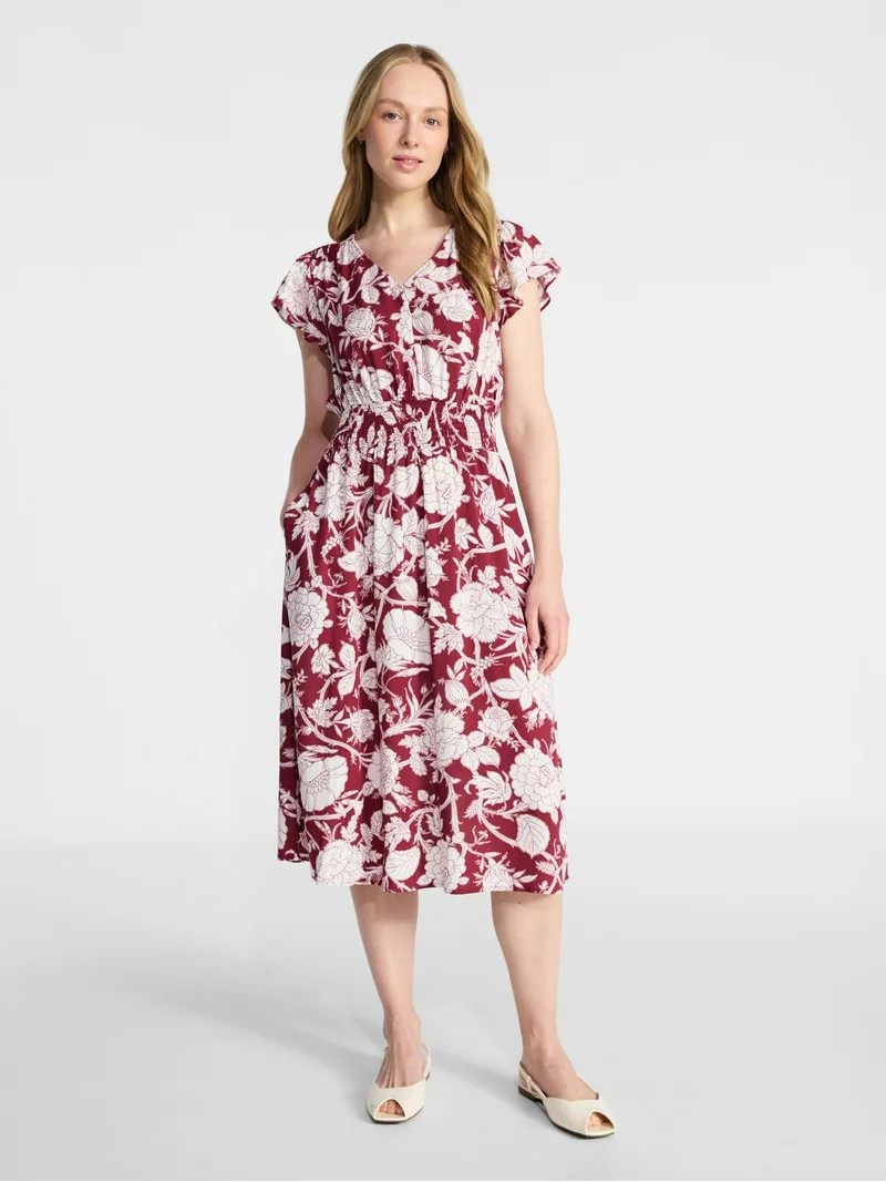 Time and Tru Women’s and Women’s Plus Smocked Waist Midi Dress with Flutter Sleeves, Sizes XS... | Walmart (US)