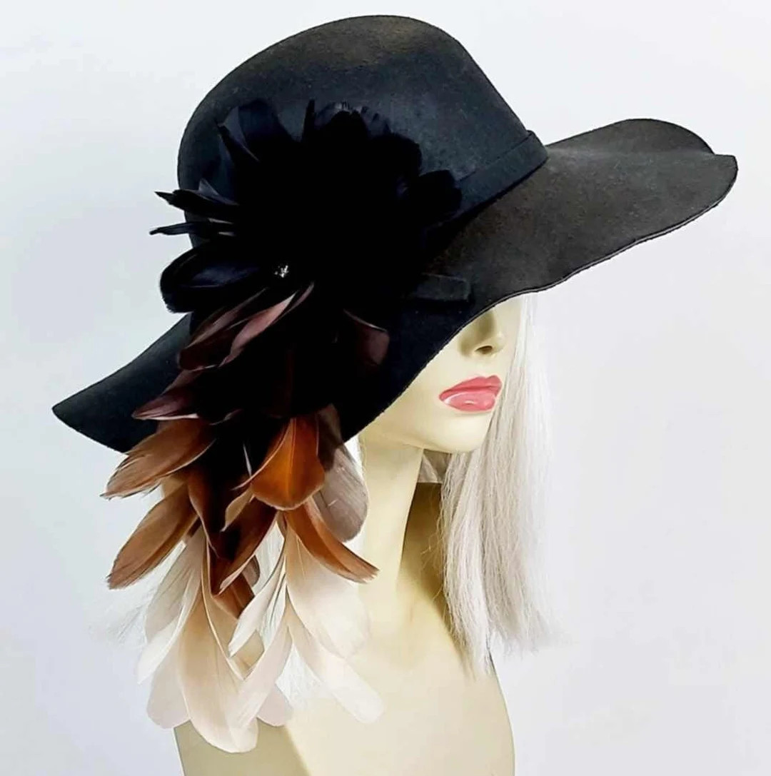 Feather Hat Brown Ombré Feathers Black Felt Floppy Hat Festival Hat Vintage Style Hat Race Day H... | Etsy (US)