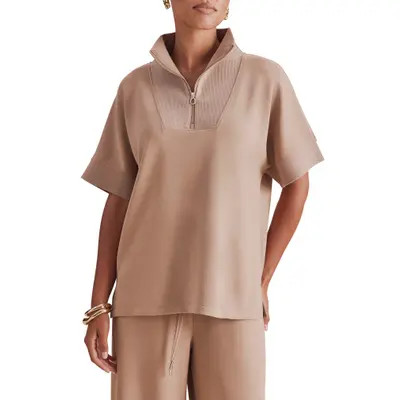 Splendid x Cellajaneblog Short Sleeve Scuba Knit Quarter Zip Sweatshirt in Praline Brown at Nordstrom, Size X-Large | Nordstrom
