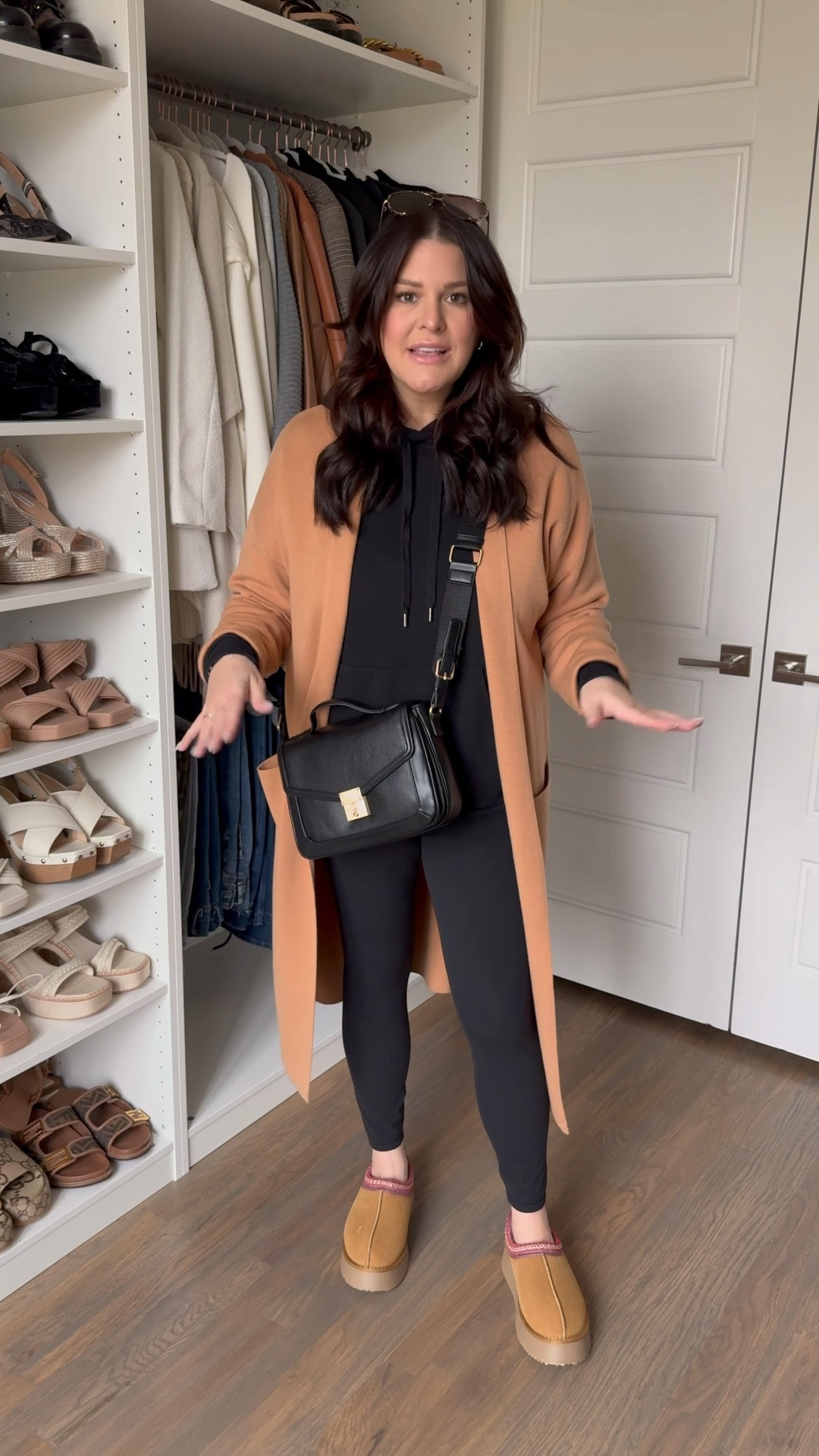 Cozy winter fashion. Simple black leggings and black hoodie pullover sweater layered with a camel duster cardigan. And how cute are these  UGG Tasman inspired slippers?!

Size XL in everything



#LTKMidsize #LTKHoliday #LTKSeasonal