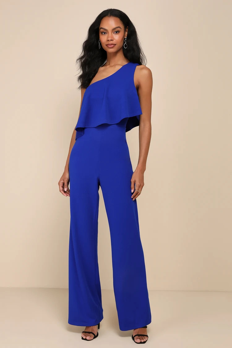 Flawless Vibes Royal Blue One-Shoulder Tiered Wide-Leg Jumpsuit | Lulus