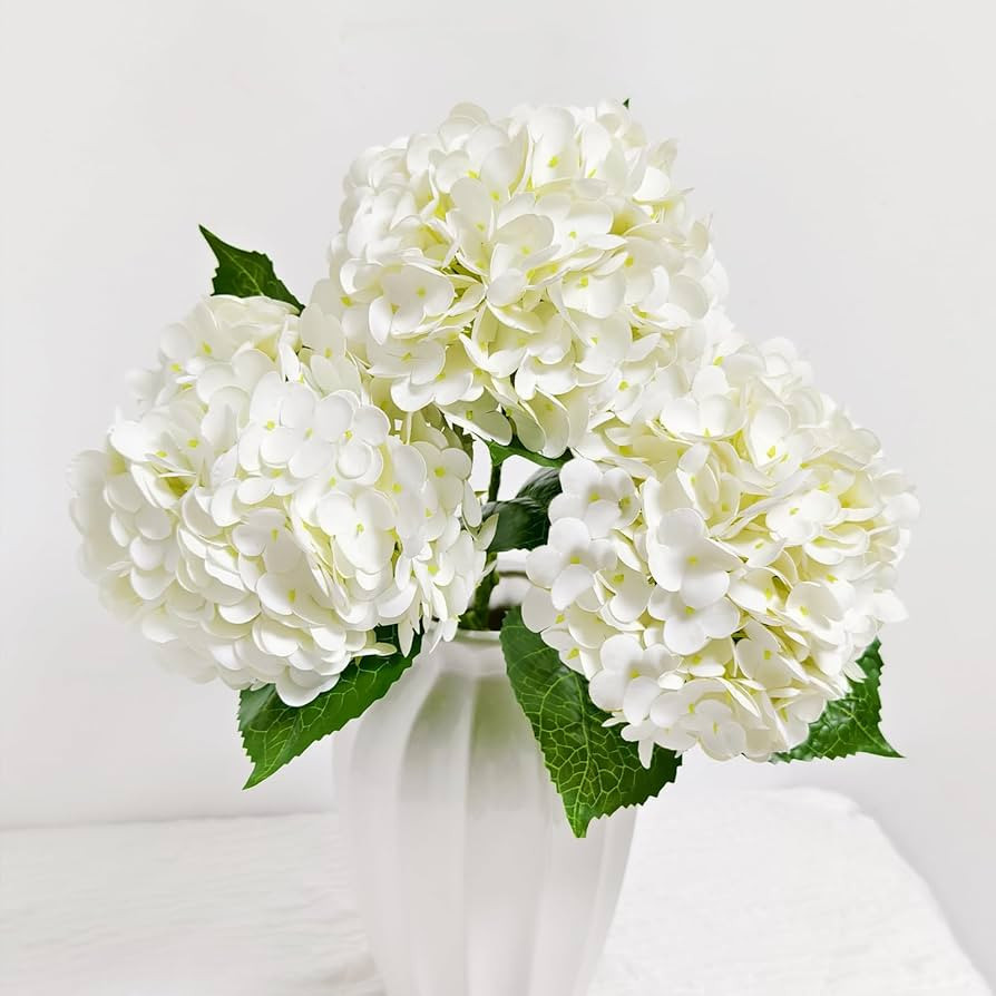 Real Touch White Hydrangea Artificial Flowers with Stems, Fake Silk Flowers for Outdoors, 3 Pcs A... | Amazon (US)