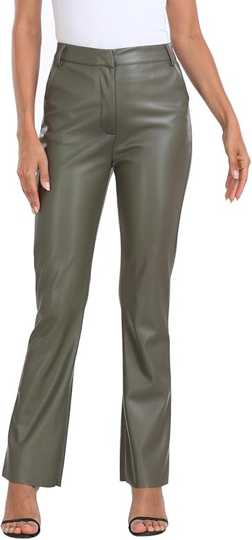 HDE Women's Faux Leather Pants High Waisted Straight Leg Trousers with Pockets | Amazon (US)