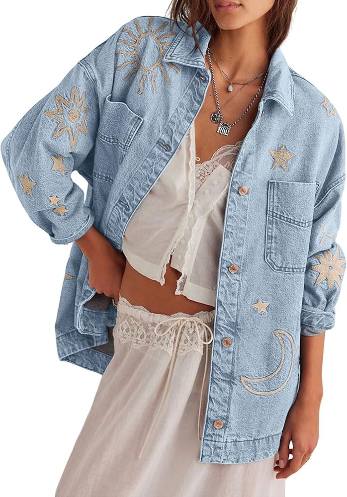 loveimgs Women Retro Boyfriend Embroidered Denim Jacket Button Up Lapel Jean Jacket Shirt Oversiz... | Amazon (US)