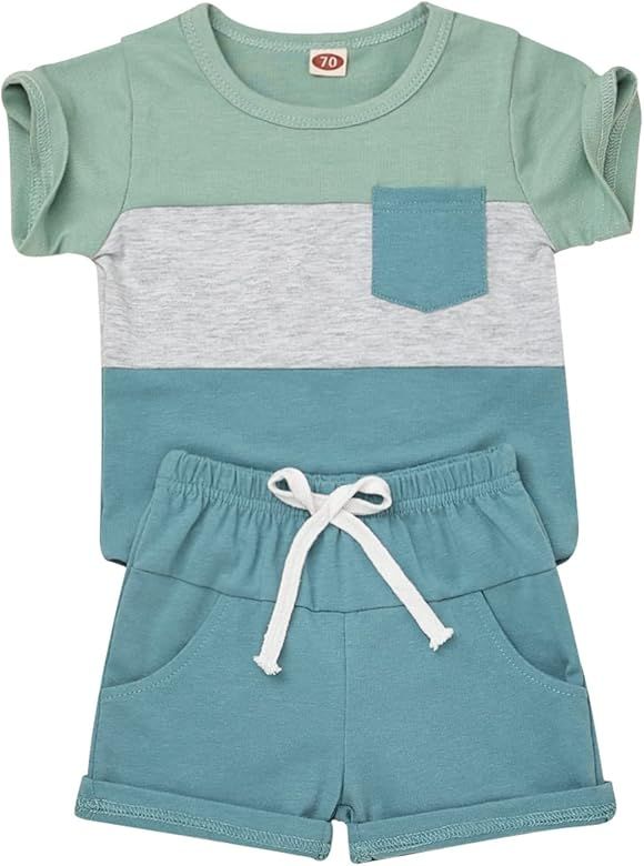 KAFIREN Baby Boy Clothes Toddler Boy Summer Outfits Short Sleeve Patchwork Top T-shirt & Pocket Pant | Amazon (US)