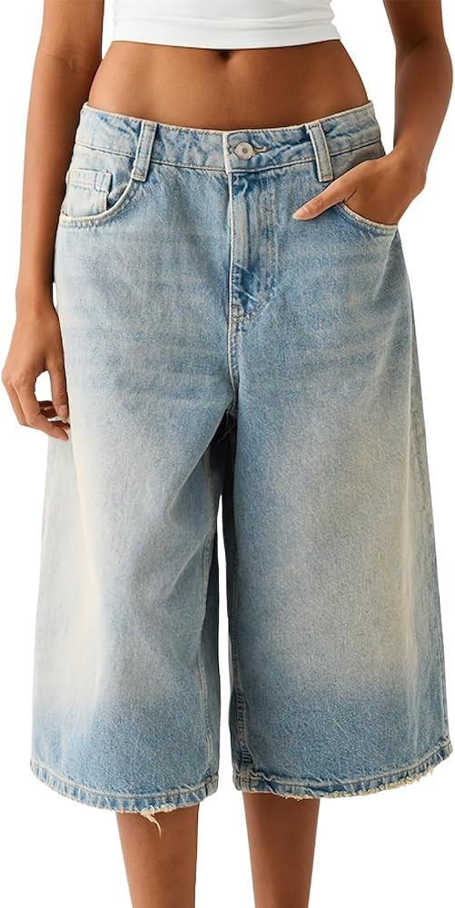 ebossy Women's Baggy Barrel Jean Shorts Low Rise Wide Leg Loose Boyfriend Bermuda Cropped Denim P... | Amazon (US)