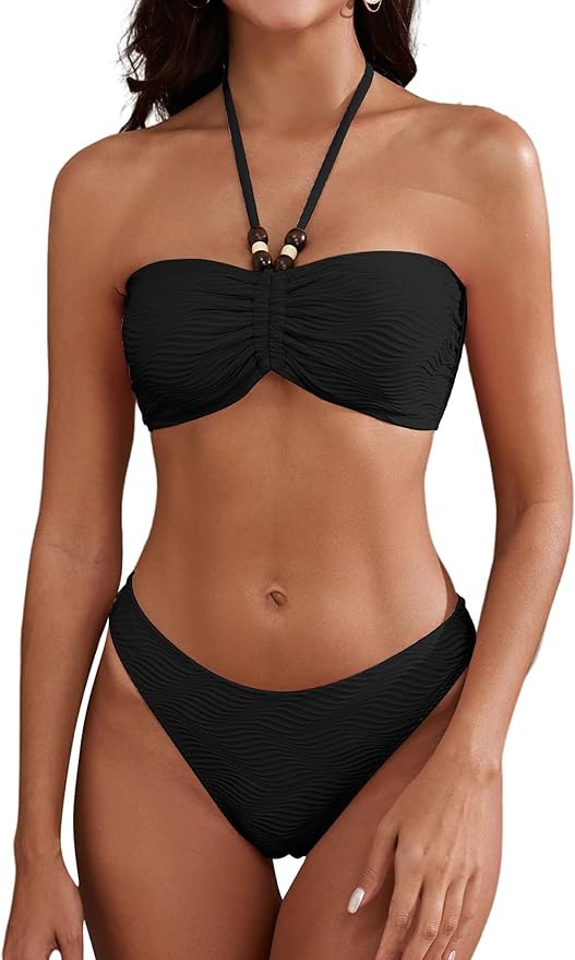 ZAFUL Women's Halter Bandeau Bikini Beaded Tie Back String Bikini Set Push Up Two Piece Swimsuit ... | Amazon (US)