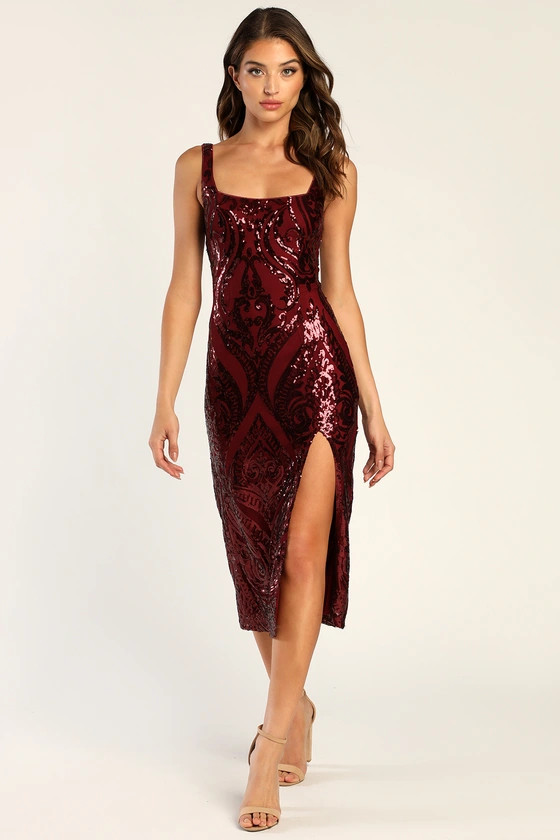 Starlet Potential Burgundy Sequin Bodycon Midi Dress | Lulus (US)