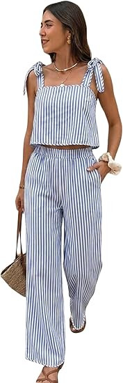 SOLY HUX Women's Summer Vacation 2 Piece Set Tie Shoulder Crop Top and Pants Travel Outfits | Amazon (US)