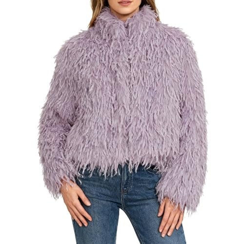 Amazhiyu Womens Fluffy Faux Fur Crop Coat Snap Button Long Sleeve Feather Jacket Purple, Medium | Amazon (US)