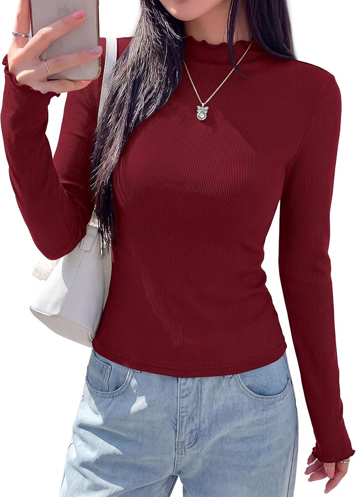 PRETTYGARDEN Women's Long Sleeve T Shirts Lettuce Trim Mock Neck Tops | Amazon (US)
