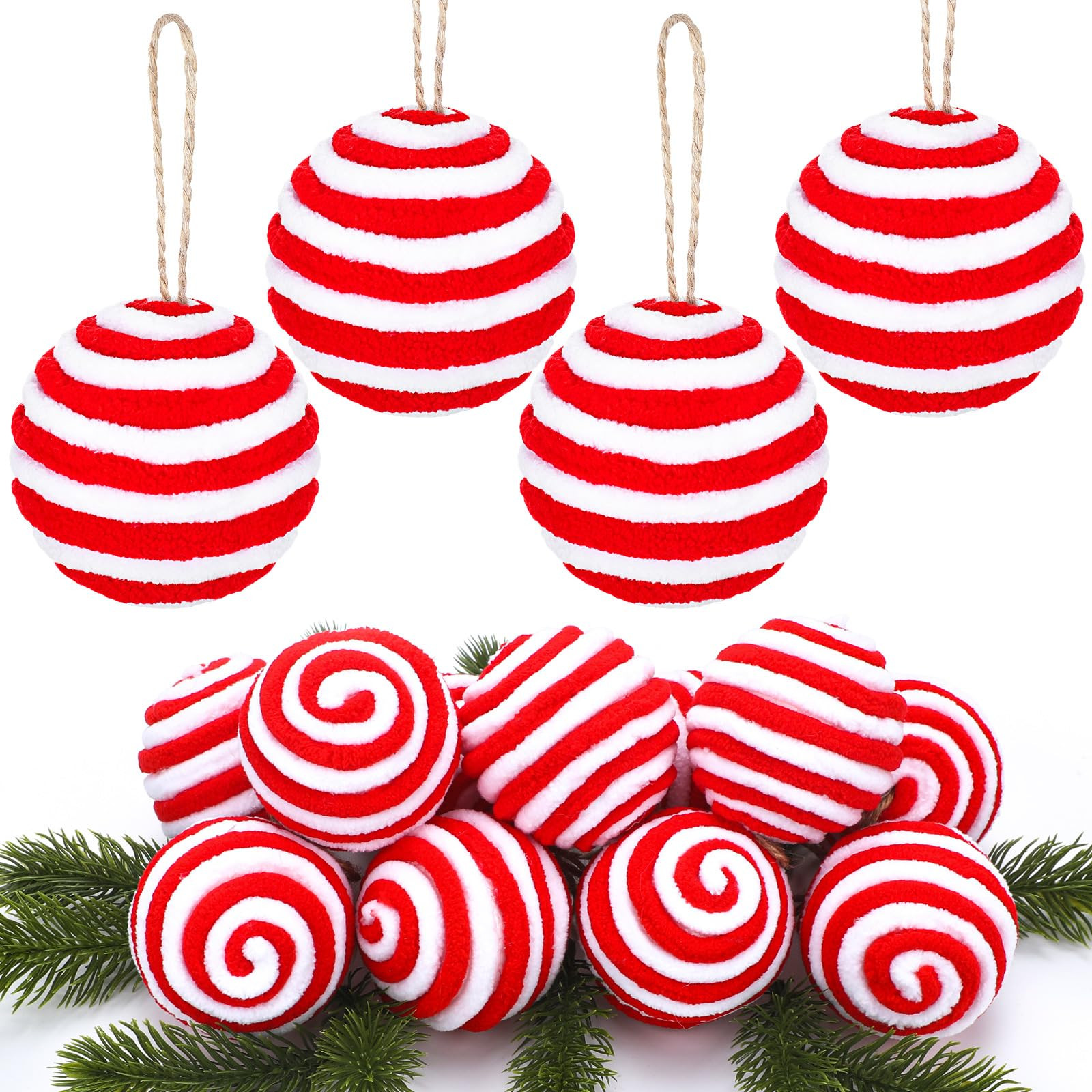 16 Pcs Red and White Candy Christmas Ornaments 2.36 Inches Hanging Fluff Peppermint Christmas Bal... | Amazon (US)
