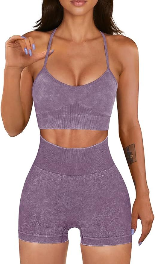 OQQ Workout Outfit for Women 2 Piece Seamless Acid Wash High Waist Shorts With Sports Bra Exercis... | Amazon (US)