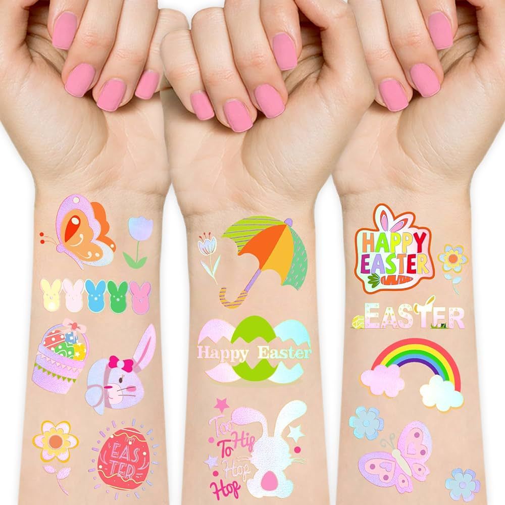 91PCS Easter Temporary Tattoos for Kids Women, Easter Bunny Egg Chick Baskets Fake Tattoos Sticke... | Amazon (US)