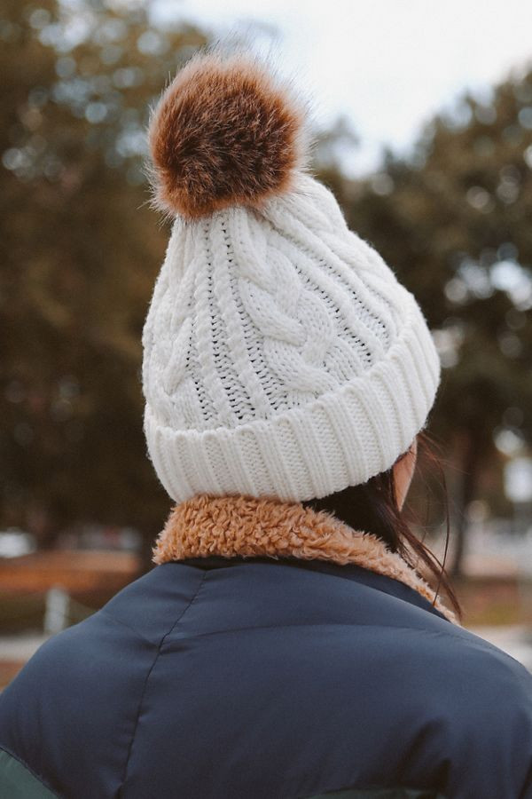 Cable Knit Fur Pompom Beanie | Urban Outfitters (US and RoW)
