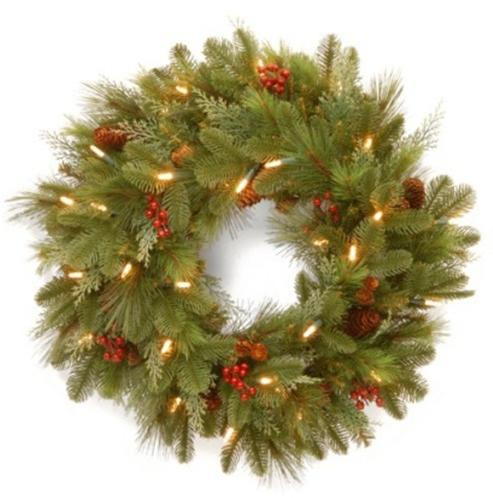 National Tree NL13-300L-24WB1 24 in. Noelle Wreath with 30 Soft White LED Battery Operated Lights | Unbeatable Sale