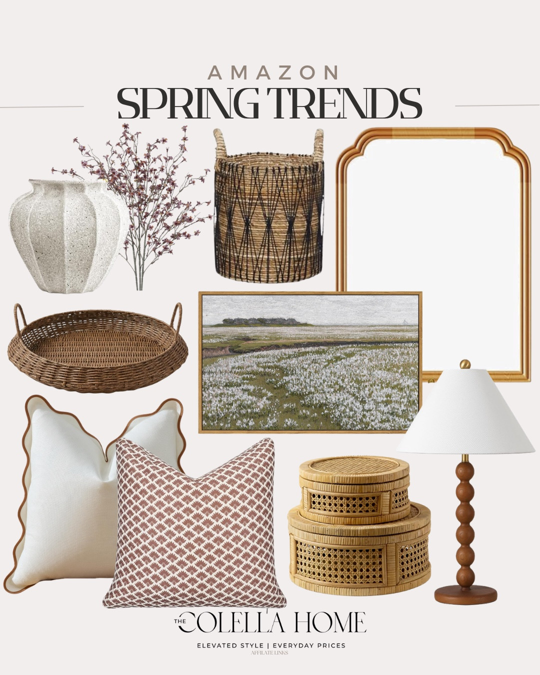 Spring trends from Amazon include mirror, wall art, table lamp, decorative boxes, throw pillows, tray, vase, floral stems, and baskets.

Home decor, spring decor, looks for lesss

#LTKSeasonal #LTKSaleAlert #LTKHome