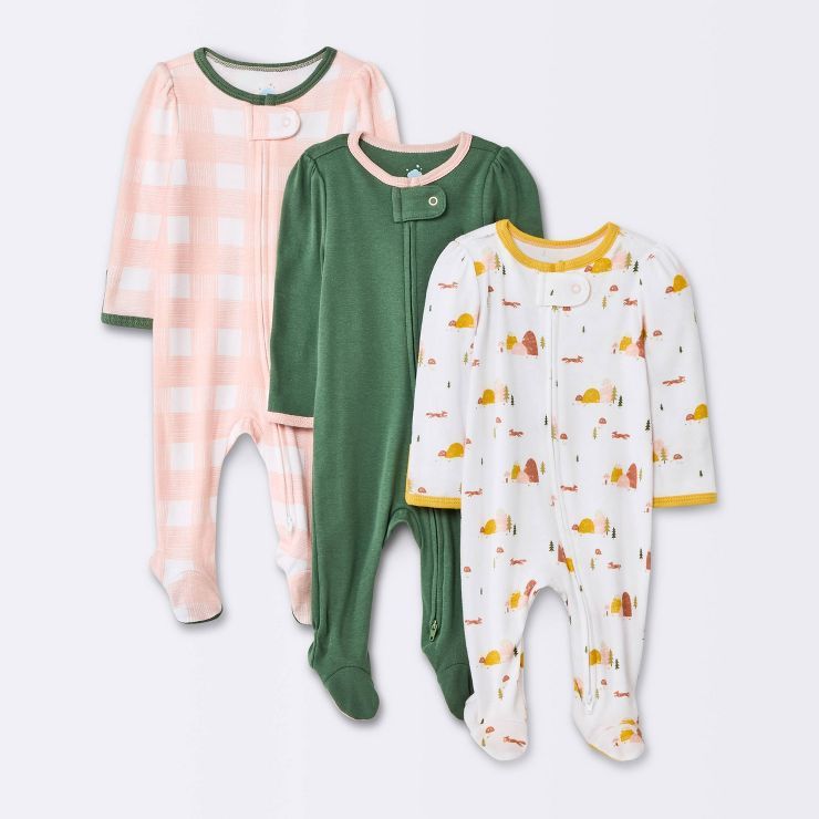 Baby Girls' 3pk Forest Love Zip-Up Sleep N' Play - Cloud Island™ Olive Green | Target