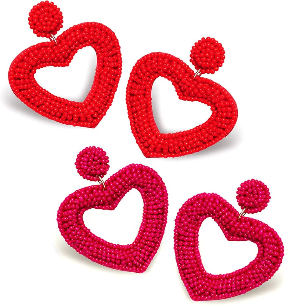 YAHPERN 2 Pairs Beaded Heart Earrings Valentine’s Day Earring for Women Girls Handmade Love Hea... | Amazon (US)