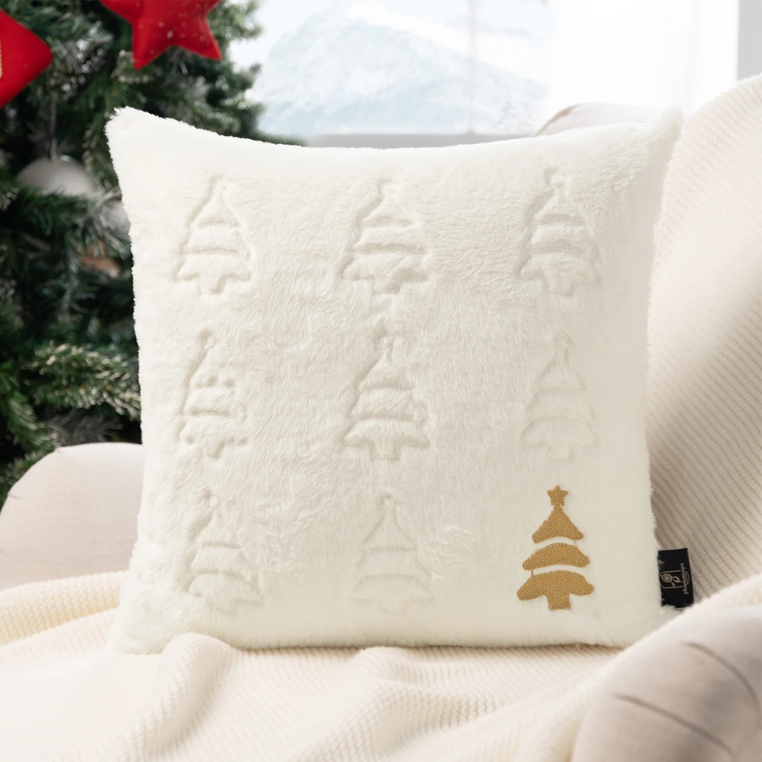 Phantoscope Christmas Faux Rabbit Fur Decorative Pillow Cover, Gold Christmas Tree Embroidered Wi... | Walmart (US)