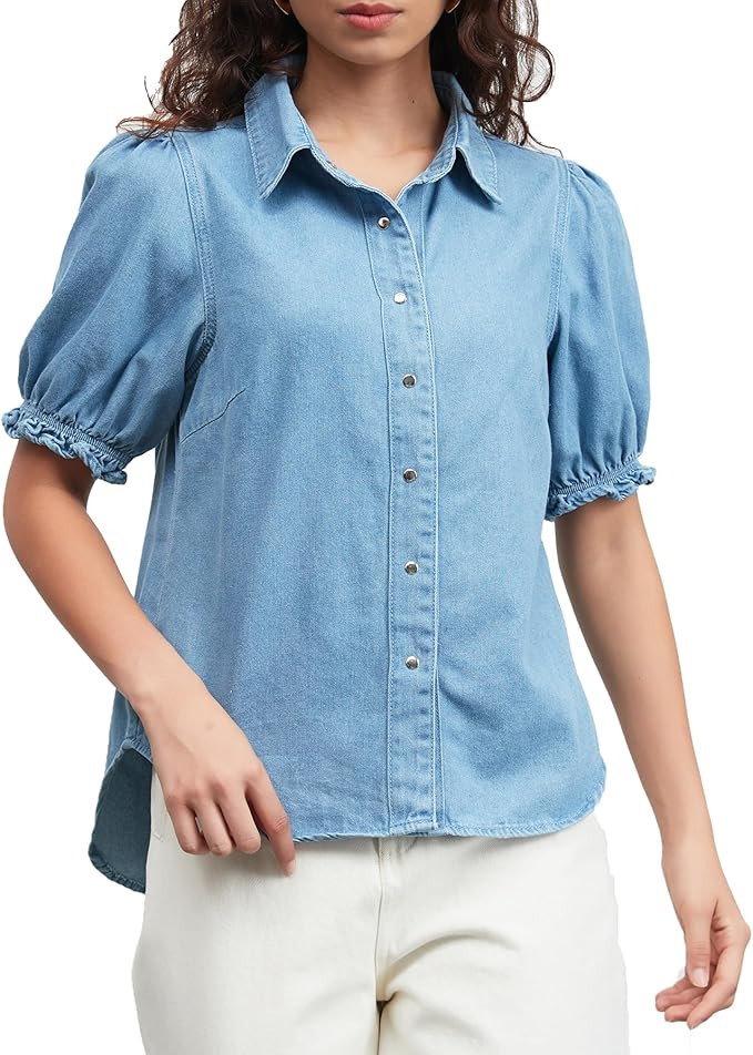 Ladyful Womens Denim Shirt Button Down Puff Short Sleeve Jean Work Blouses Chambray Babydoll Summ... | Amazon (US)