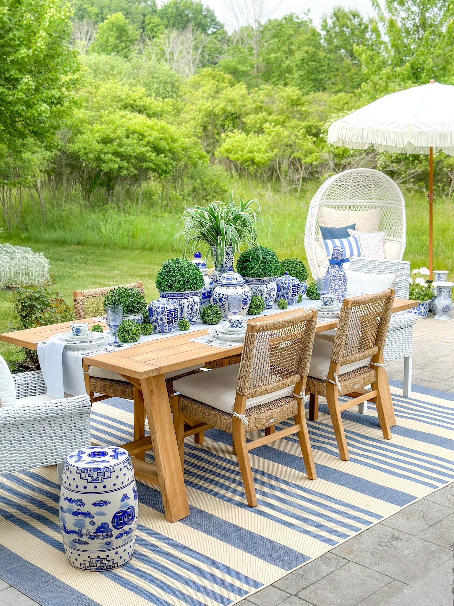Shop my chinoiserie chic outdoor tablescape!

Grand millennial, outdoor living, backyard oasis, the garden, fringe umbrella, garden stool, chinoiserie planters, faux grass, faux topiaries, Williams Sonoma, Walmart, teak table, outdoor furniture, egg chair, table linens, blue table runner, blue napkins, outdoor rug 

#LTKFind #LTKSeasonal #LTKhome