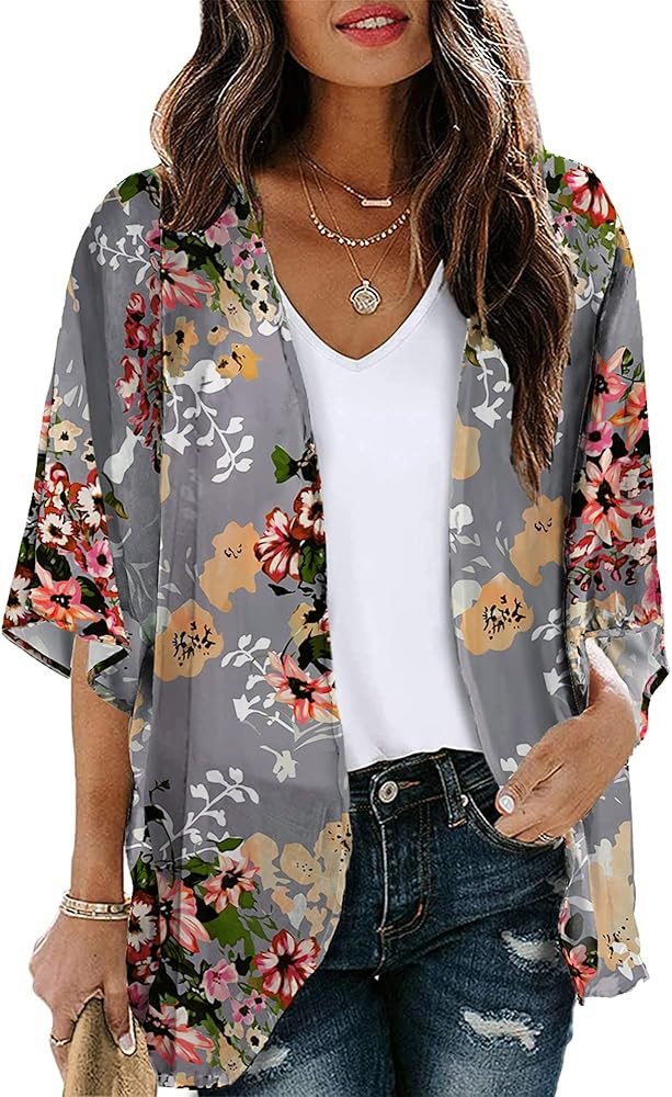 Chunoy Women Floral Print Lightweight Chiffon Kimono Cardigan Short Sleeve Loose Beach Wear Cover... | Amazon (US)