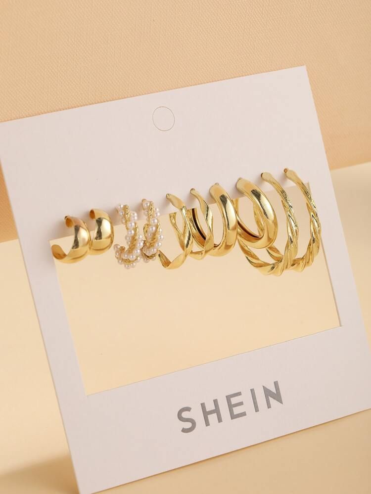 5pairs Faux Pearl Decor Metal Earrings | SHEIN