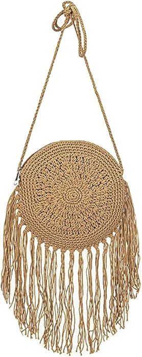 Goclothod Women Crochet Fringed Shoulder Bag Cotton Tassel Crossbody Bag Hippie Beach Purse | Amazon (US)