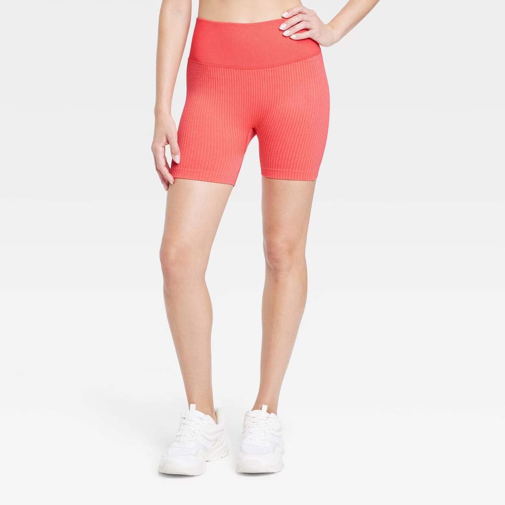 Women's High-Rise Ribbed Seamless Bike Shorts 4"" - JoyLab™ Cherry Pink L | Target