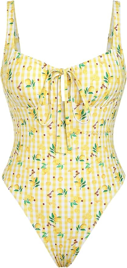 seamoly Blue Gingham Tie Around Criss Cross Backless Plunging Neck One-Piece Swimsuit | Amazon (US)
