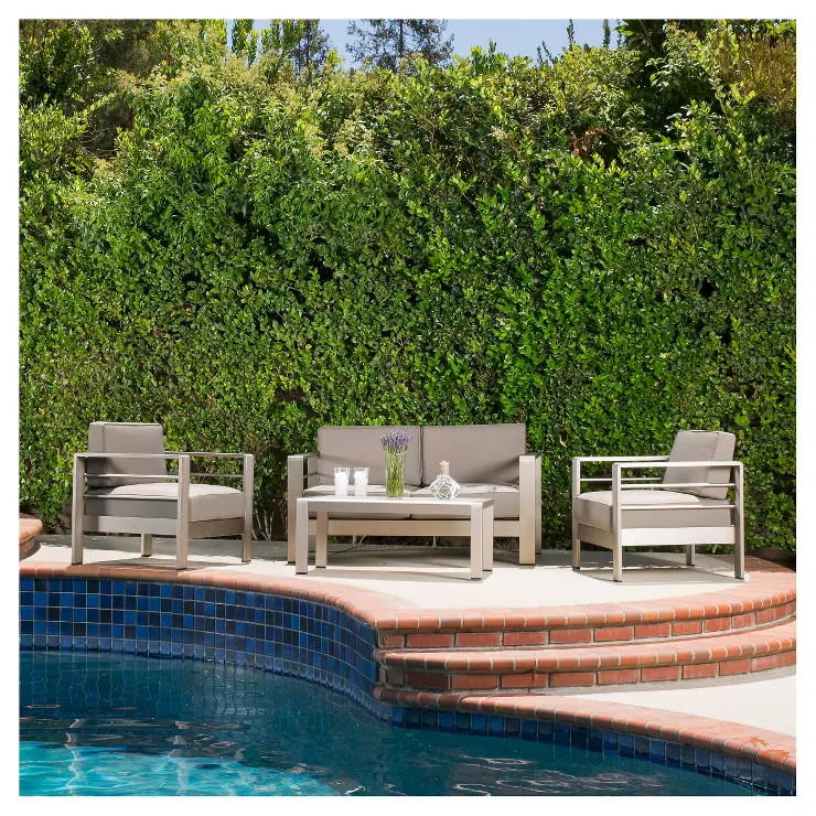 Cape Coral 4pc Cast Aluminum Patio Loveseat Set with Cushions - Silver - Christopher Knight Home | Target